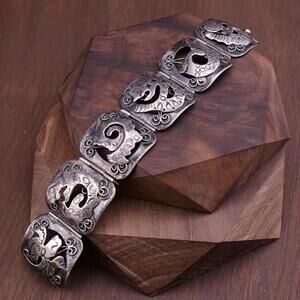 Vintage 1940's JE Mexico Sterling 3D Dragon Mayan Panel Bracelet 6.25" *READ*